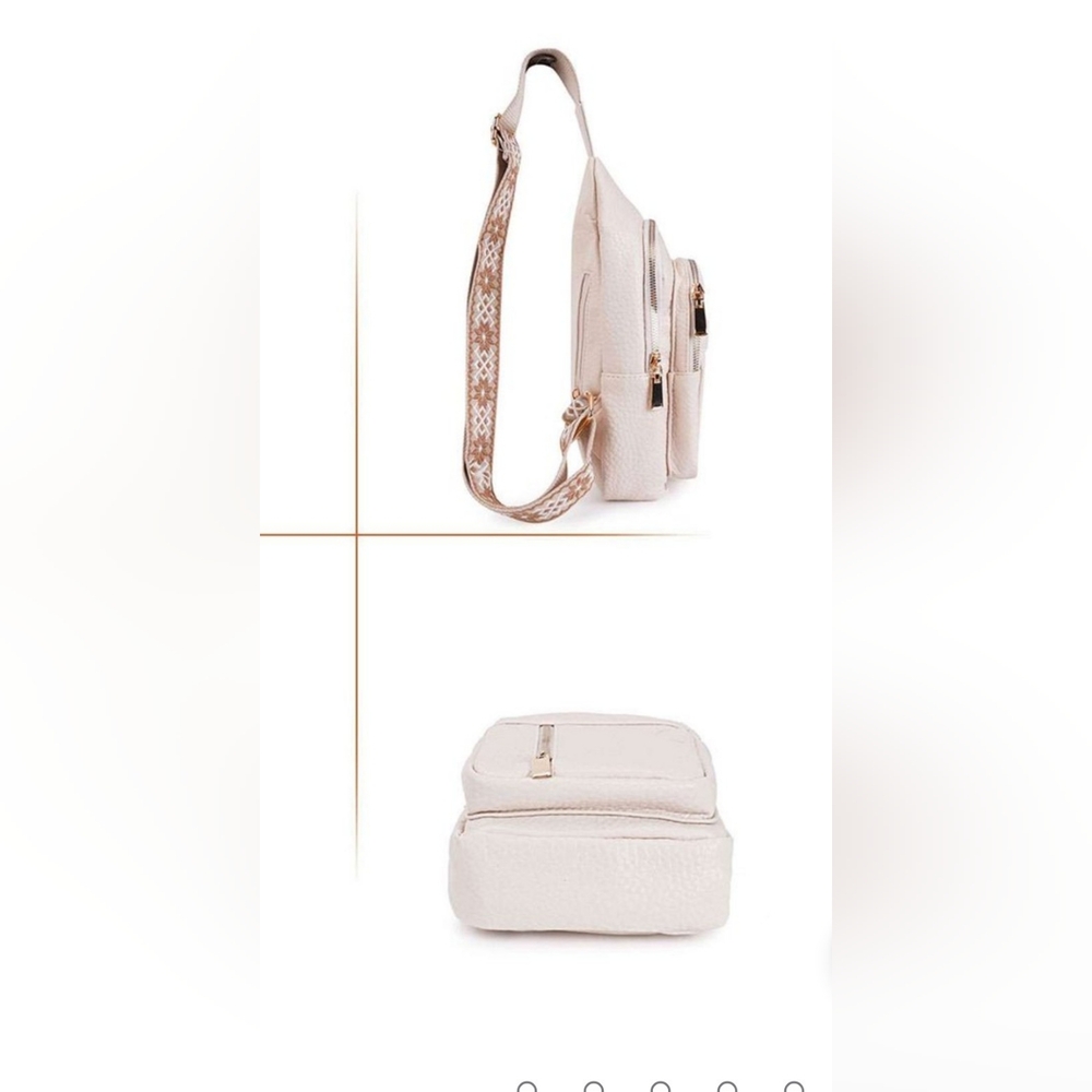 Adjustable Crossbody Sling Bag with Embroidered Guitar Strap In Cream - Picture 7 of 11